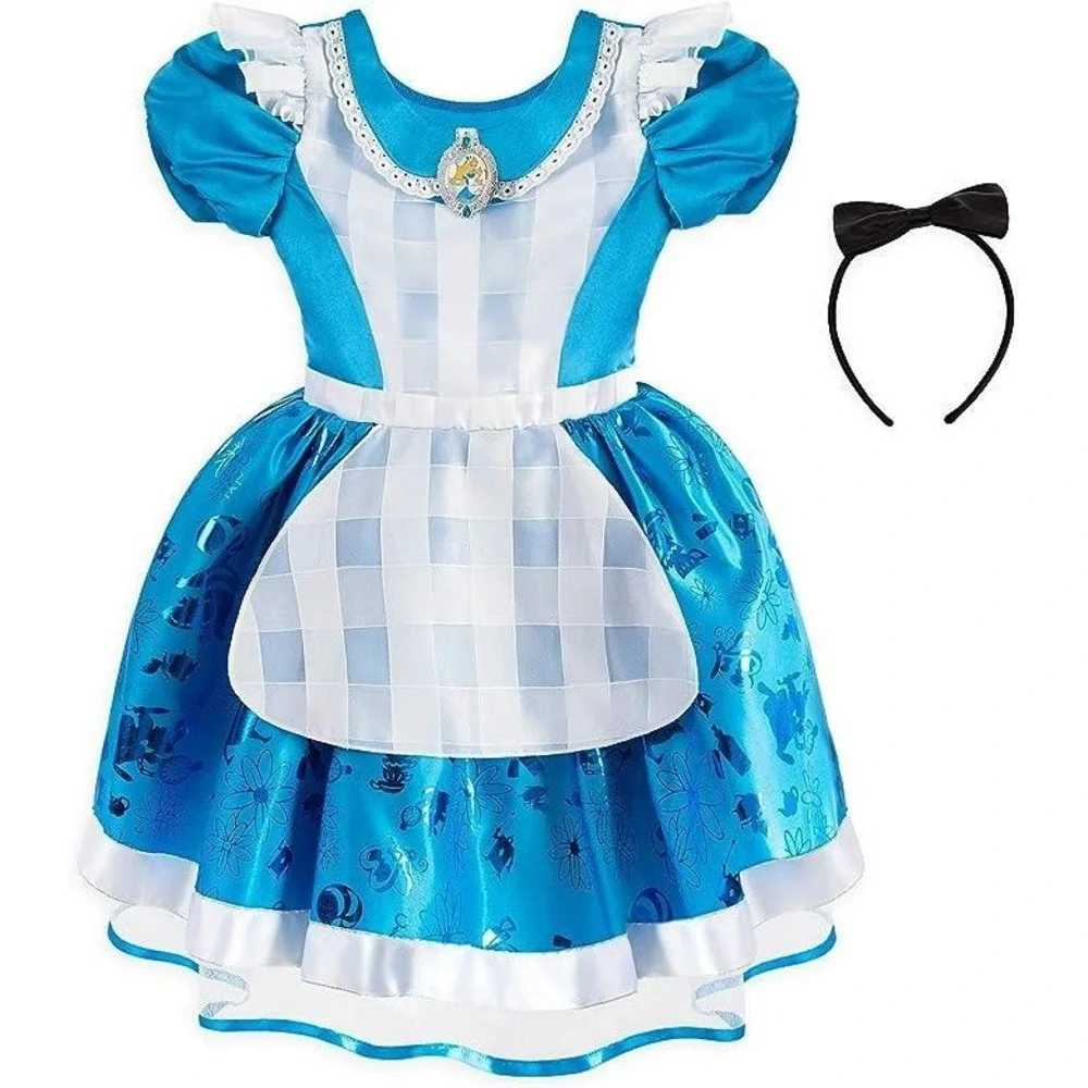 NWT Authentic Disney Store Alice in Wonderland Costume Dress w Headband 7-8 7/8